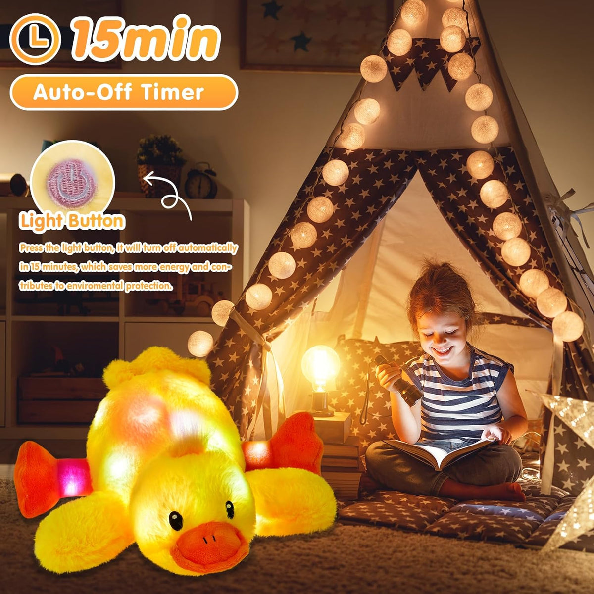 Glow Guards 12'' Light up Yellow Duck Stuffed Animal Soft LED Night Light Glowing Plush Toy Pillow