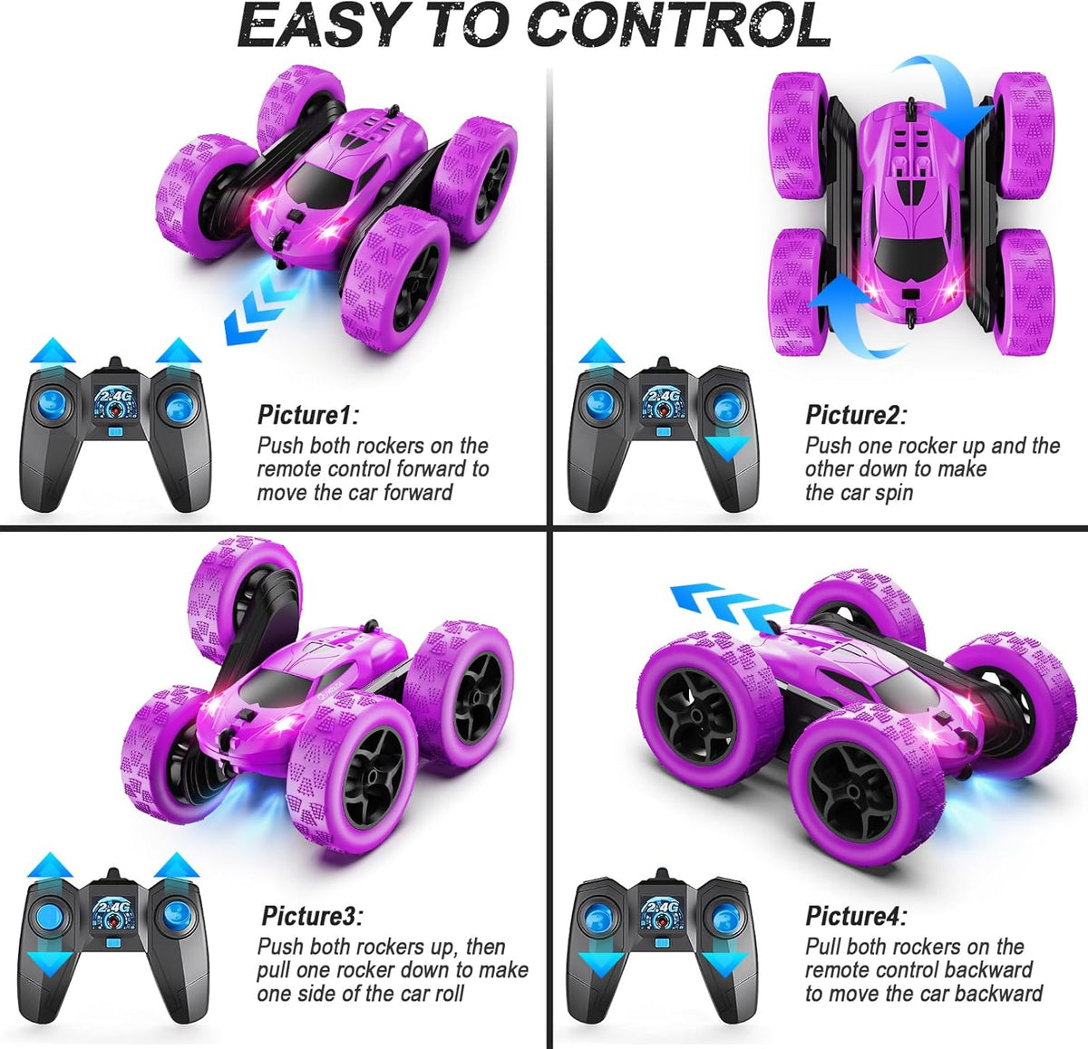 RC Cars, Purple Remote Control Car for Girls, 2.4 GHZ Double Sided RC Stunt Car 360° Rotating
