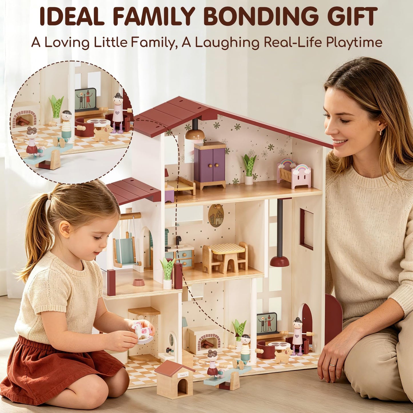 Lehoo Castle Wooden Dollhouse for Girls, Doll House with 5 Rooms DIY Play