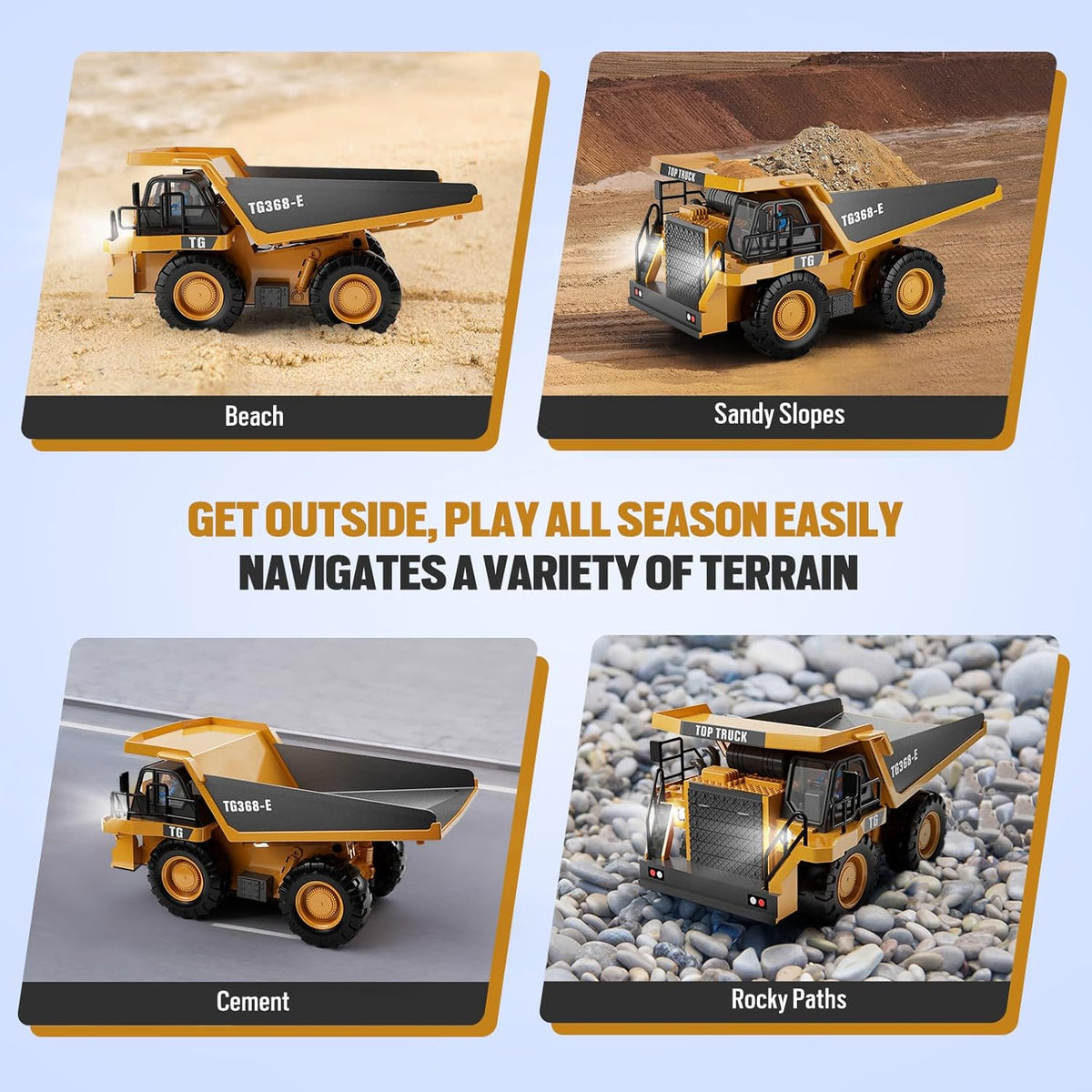 RC Dump Truck Toy, 9-Channel Remote Control Toy with Metal Bed & Light, Rechargeable Battery, Kids