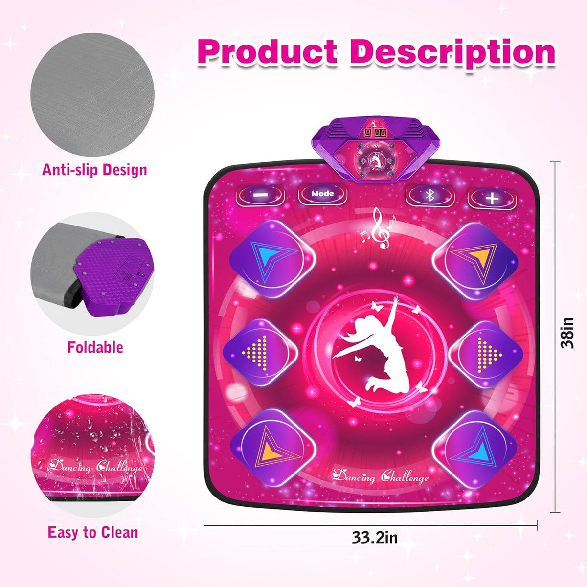 Dance Mat for Kids, Electronic Dance Pad with Wireless Bluetooth & LED Lights, Adjustable Volume
