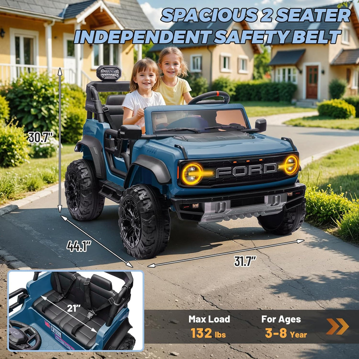 ENYOPRO 2 Seater Ride On Car for Kids, 24v Licensed Ford Bronco Raptor Electric Power Ride On Truck
