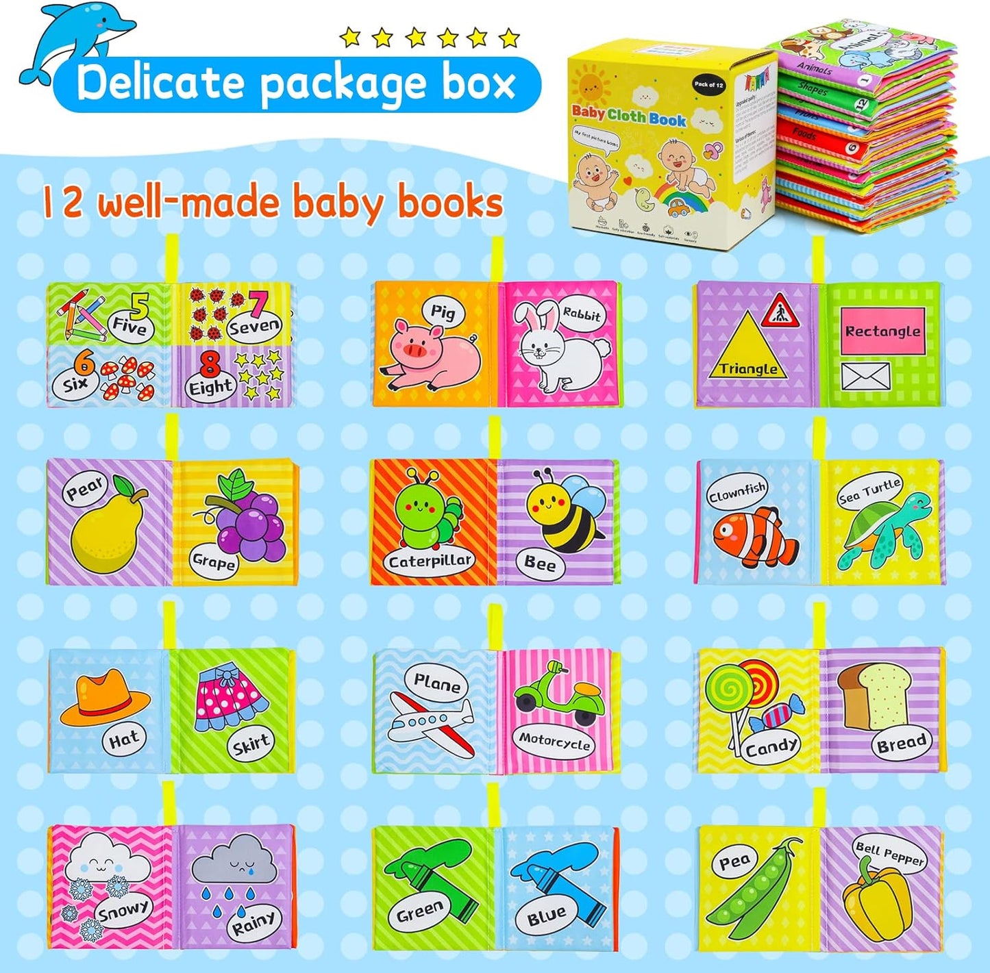 OKOOKO 12PCS Soft Baby Books, Soft Cloth Books, Bath Toys, Crinkle Washable Non-Toxic Early