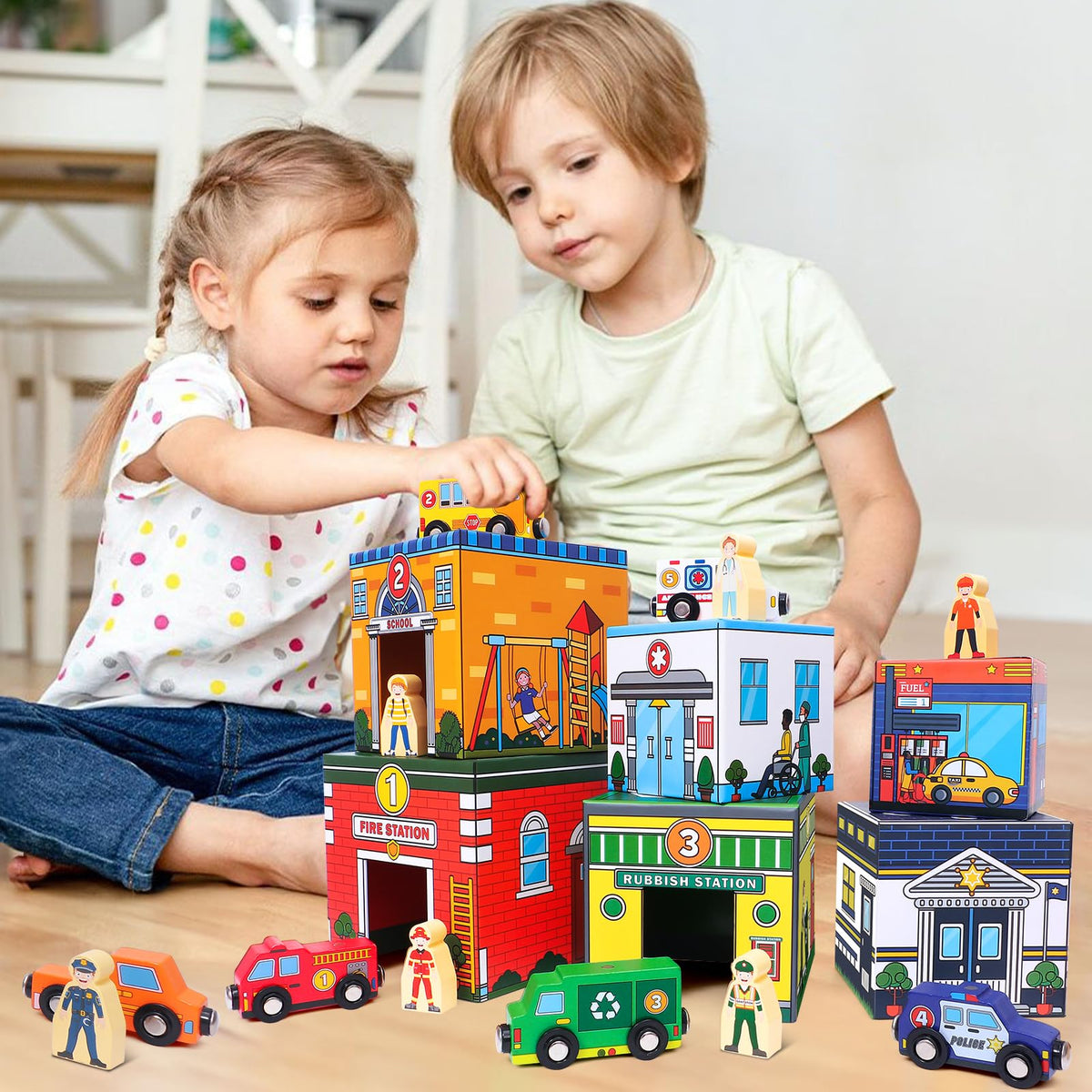 Atoylink Toddler Sorting and Stacking Toys with Magnetic Wooden Cars & Community Helpers, Baby