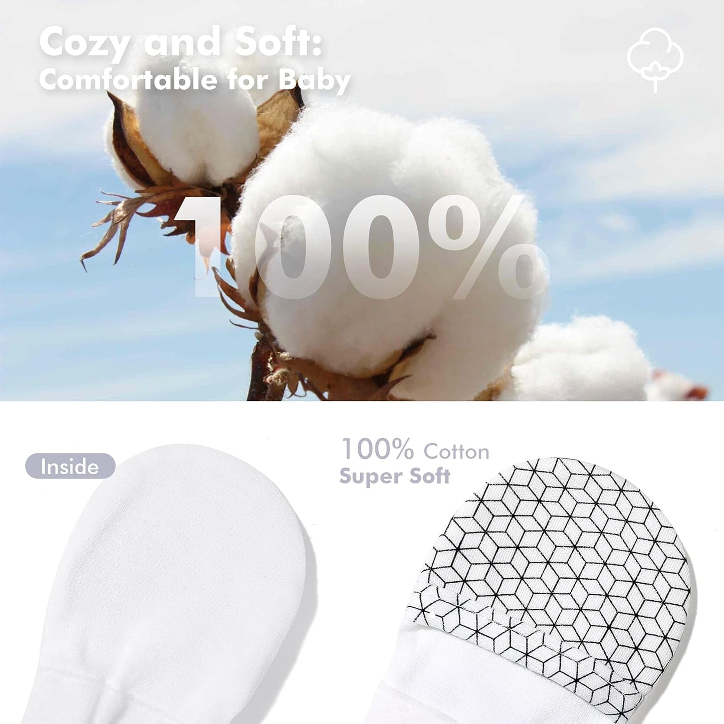 HAPIU Baby No Scratch Mittens Stay On, 100% Cotton Breathable, Adjustable Infant Gloves for Boys