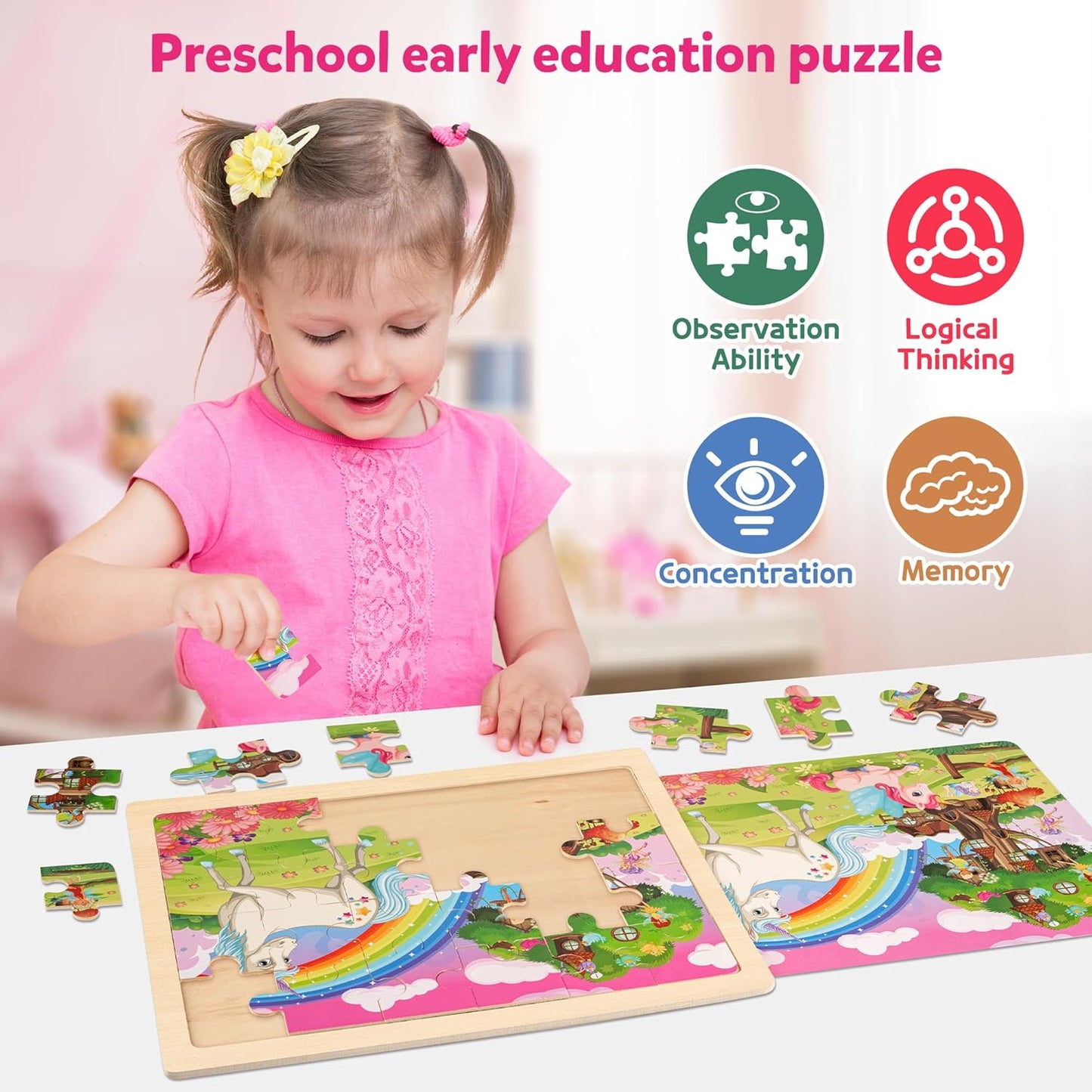 SYNARRY Large Unicorn Princess Fairy Wooden Puzzles for Girls Gift Box(12.2*9.4 in) - FSC