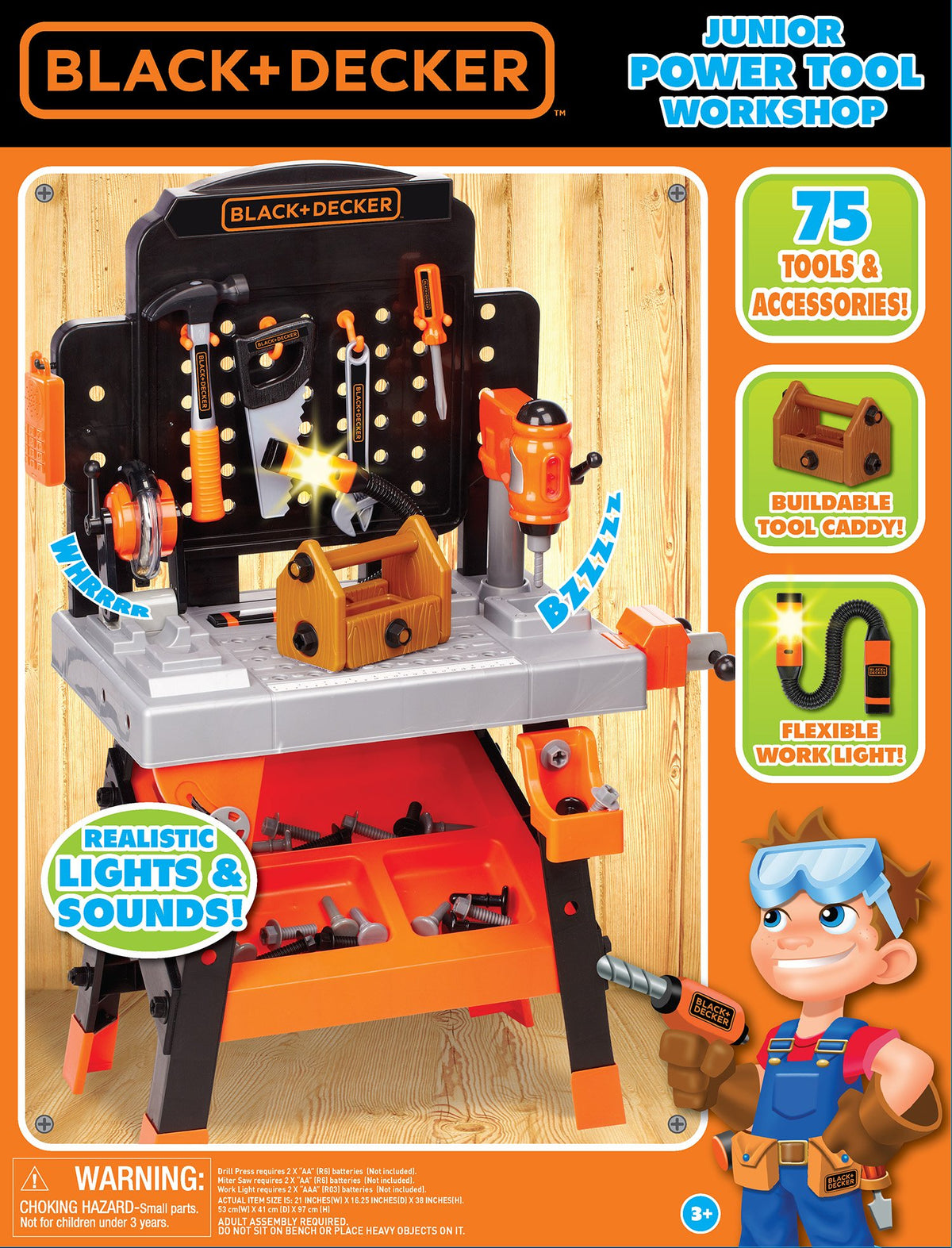 JAKKS Pacific Black+Decker Kids Workbench - Power Tools Workshop - Build Your Own Toy Tool Box – 75