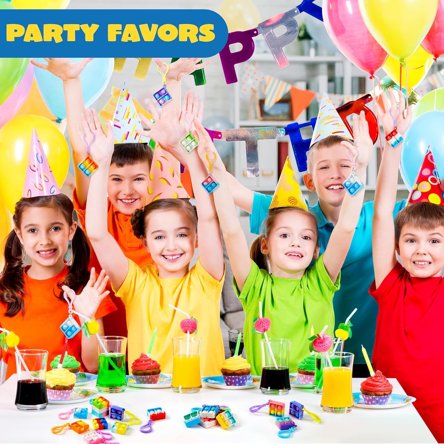 JOYIN Square Pop Fidget Keychain Mini Fidget Toys Bulk 90 Pack Party Favors for Kids 4-8,8-12 Years