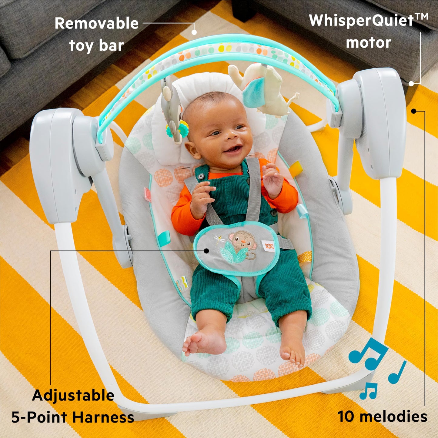 Bright Starts Portable Automatic 6-Speed Baby Swing with Adaptable Speed, Taggies, Music