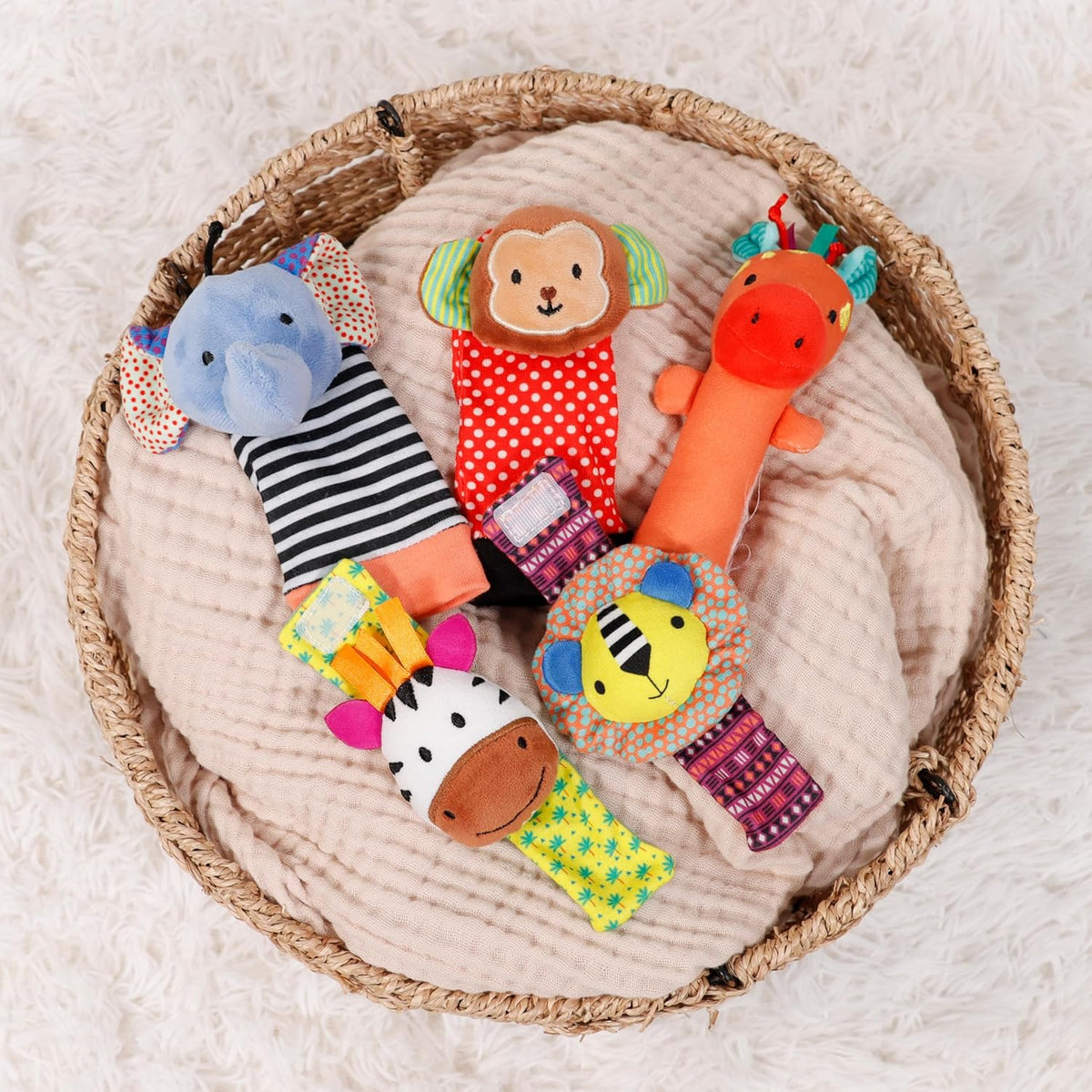 The Peanutshell Sock Rattles Set of 5 - Girl Boy Rattle Socks, Baby Toys 0-6-12 Month, Animal