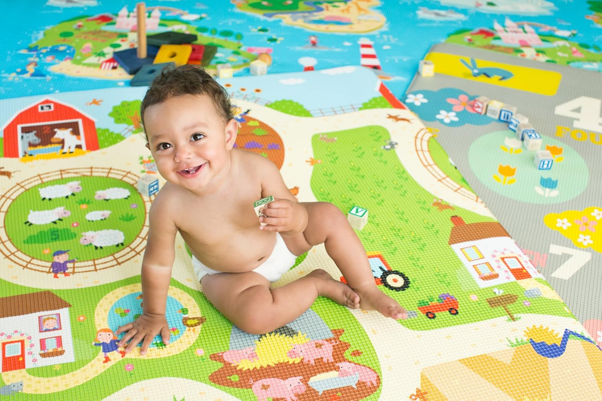 Baby Care Play Mat (Medium, Playful - Busy Farm) 73’’ x 49’’ Original One-Piece Reversible Rollable