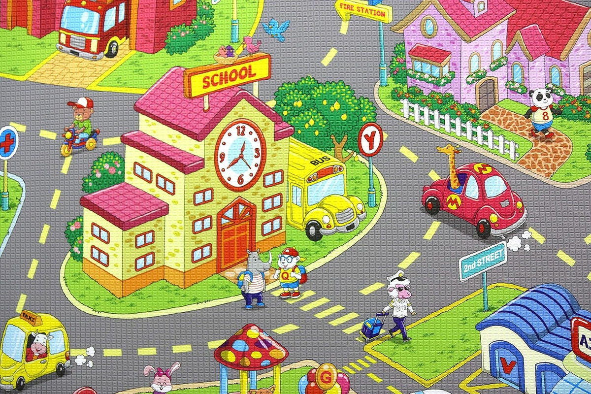 Baby Care Play Mat (Medium, Playful - Zoo Town) 73’’ x 49’’ Original One-Piece Reversible Rollable