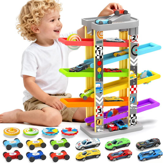 3-in-1 Toddler Car Ramp Toy – Racing, Spinning & Learning Play (Ages 2–4)
