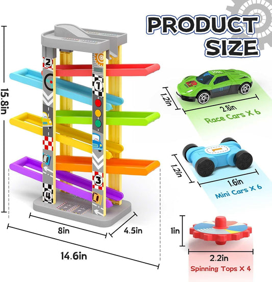 3-in-1 Toddler Car Ramp Toy – Racing, Spinning & Learning Play (Ages 2–4)