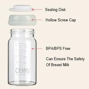 COMI Wide Neck Glass Breastmilk Collection n Storage Bottle, 6oz with Screw Ring Sealing Disk;