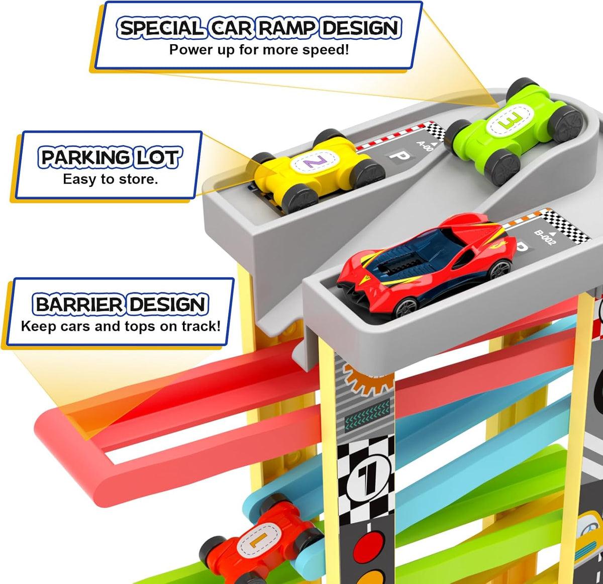 3-in-1 Toddler Car Ramp Toy – Racing, Spinning & Learning Play (Ages 2–4)