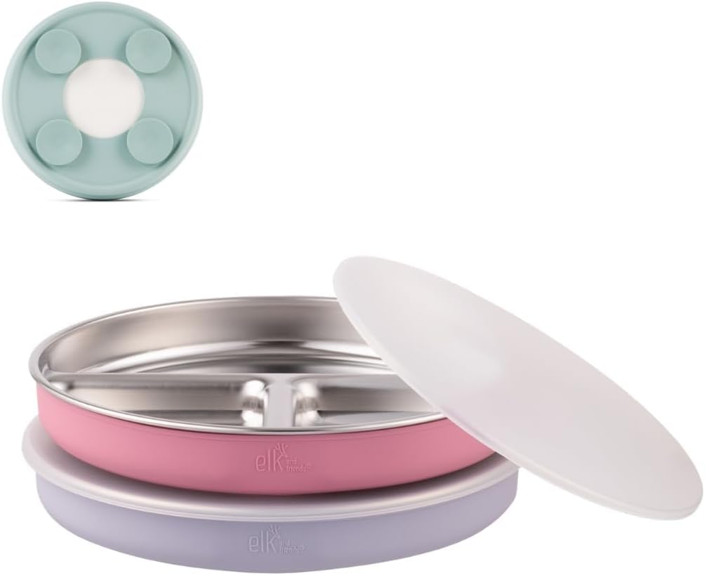 Elk and Friends Stainless Steel Divided Plates with Silicone Sleeve for Babies & Toddlers | Lids