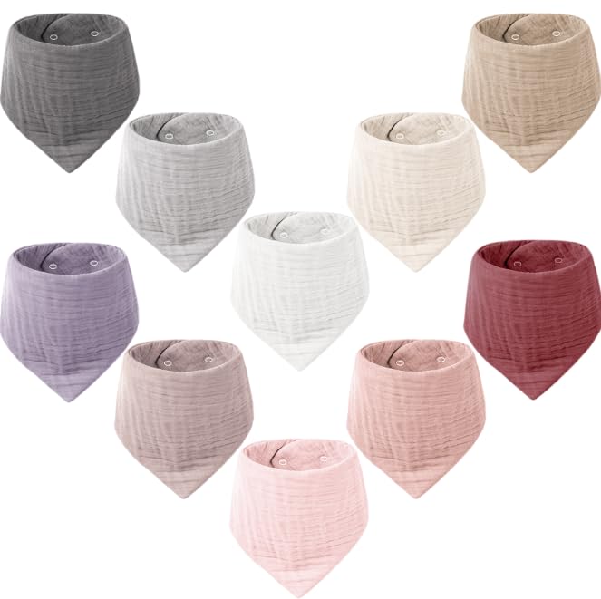 Konssy Muslin Baby Bibs 10 Pack Baby Bandana Drool Bibs 100% Cotton for Unisex Boys and Girls, Soft