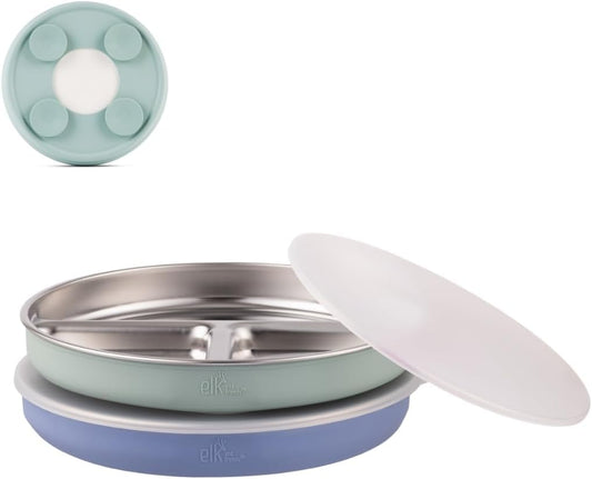 Elk and Friends Stainless Steel Divided Plates with Silicone Sleeve for Babies & Toddlers | Lids