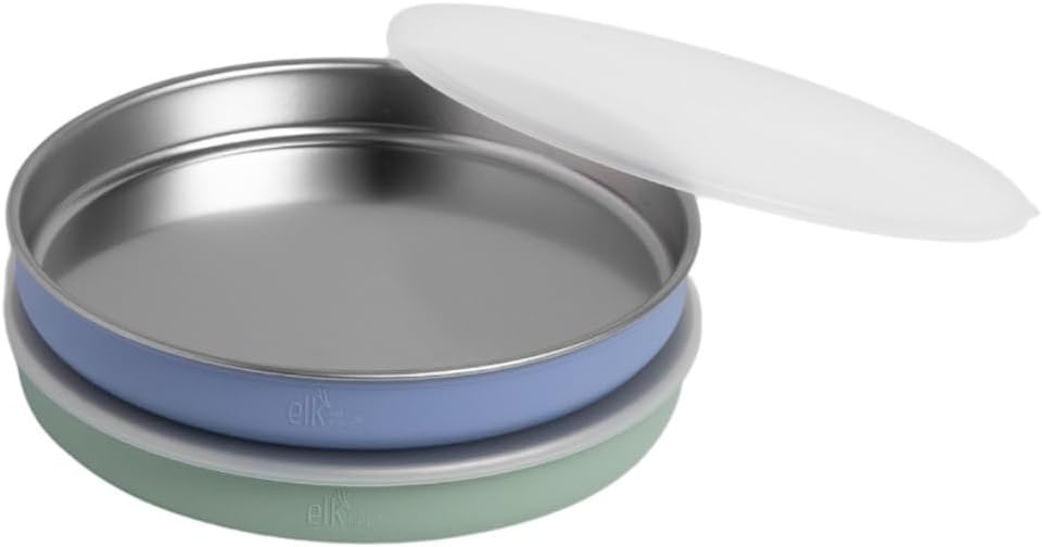 Elk and Friends 7.8” Stainless Steel Non Divided Plates with Silicone Sleeve + Storage Lid | Baby