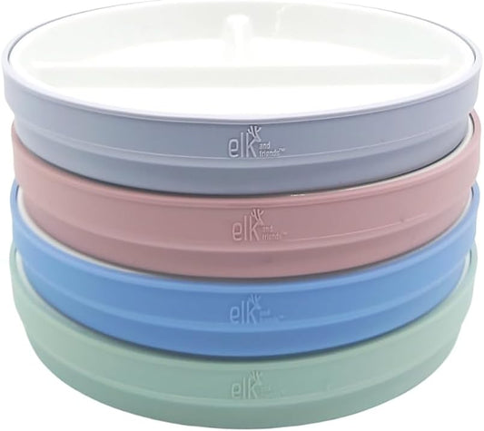 Elk and Friends Kids 6.7” Porcelain Divided Plates with Silicone Sleeves | Suitable for