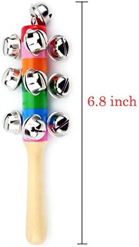 6Pcs Wooden Jingle Hand Bells,Rainbow Handle Wooden Bells Jingle Stick Shaker Rattle Baby Kids