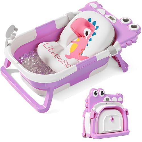 TPN Collapsible Baby Bathtub, Baby Bath Tub with Soft Cushion & Real-Time Thermometer, Baby Bathtub