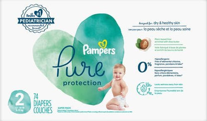 Pampers Baby Diapers - Pure Protection - Size 2, 74 Count, for up to 100% Leakproof, Premium