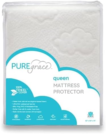 PUREgrace Tencel Mattress Protector (Queen) – Waterproof, Noiseless Cover, Soft and Breathable with