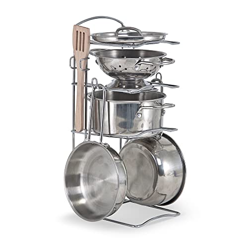 Melissa & Doug Stainless Steel Pots & Pans, 8 Piece Play Kitchen Set, Premium Play Kitchen