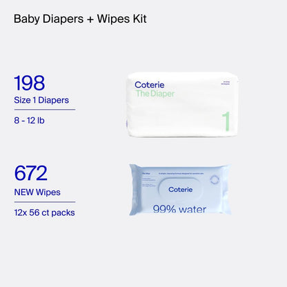 Coterie Baby Wipes + Diapers Kit, Size 1 Diapers (198 Count) & 12 Pack (672 Count) Baby Wipes with