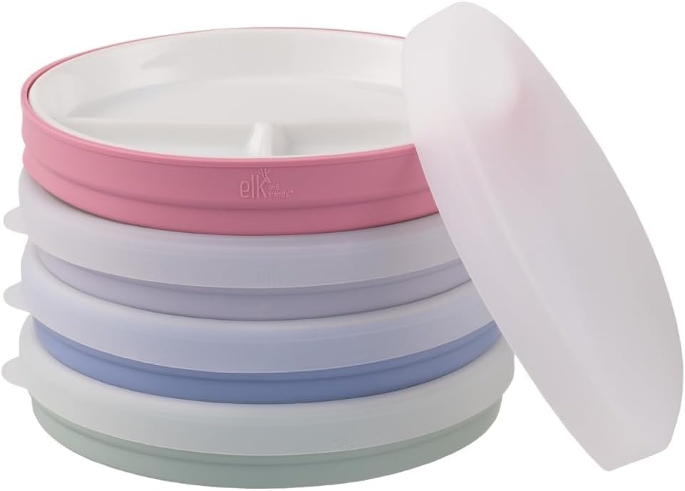 Elk and Friends Kids 7.8” Porcelain Divided Plates with Silicone Sleeves + Lids | Suitable for