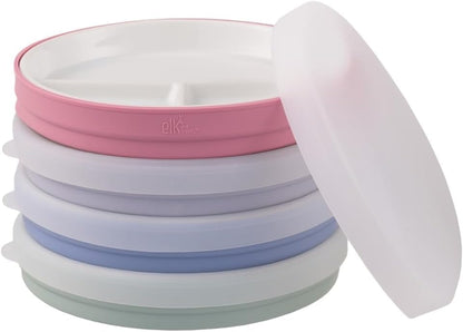 Elk and Friends Kids 7.8” Porcelain Divided Plates with Silicone Sleeves + Lids | Suitable for