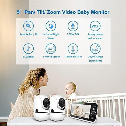 HelloBaby Upgrade 5’’ Baby Monitor with 30-Hour Battery, 2 Cameras Pan-Tilt-Zoom, 1000ft Range