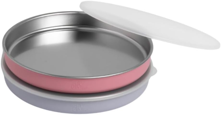 Elk and Friends 7.8” Stainless Steel Non Divided Plates with Silicone Sleeve + Storage Lid | Baby