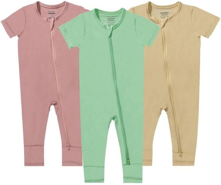 GUISBY Rayon Made from Bamboo Baby Pajamas, Summer Short Sleeve Footless Rompers, 2 Way Zipper