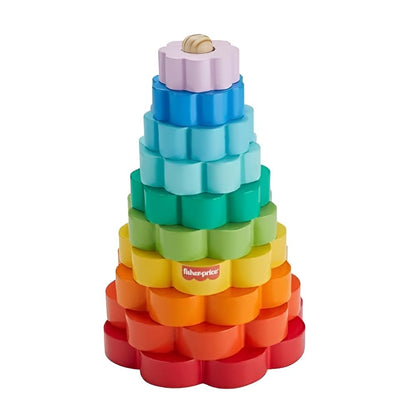 Fisher-Price Wood Toddler Toy Ring Stacker, 10-Piece Wooden Stacking Activity for Fine Motor Skills