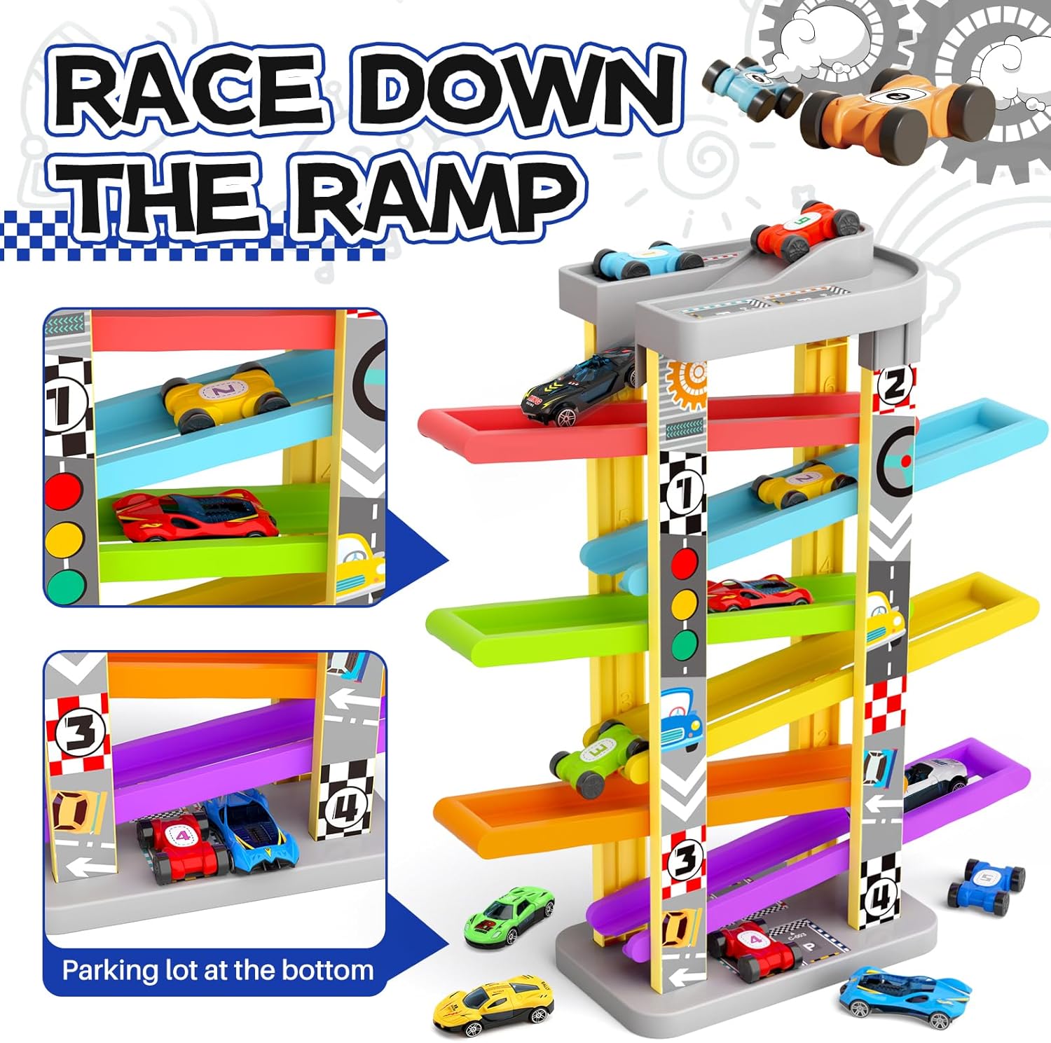 3-in-1 Toddler Car Ramp Toy – Racing, Spinning & Learning Play (Ages 2–4)