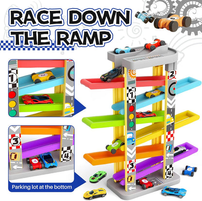 3-in-1 Toddler Car Ramp Toy – Racing, Spinning & Learning Play (Ages 2–4)