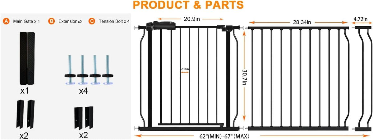 HOOEN 30" Tall Extra Wide Baby Gate for Doorways Stairs 62 to 67 Inch Large Long Pressure Monuted