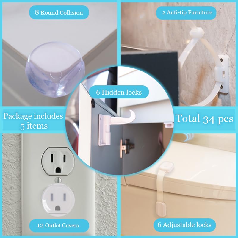 40 Pack Baby Proofing Kit | Hidden Cabinet Drawer Locks, Adjustable Latches, Outlet Covers, Corner