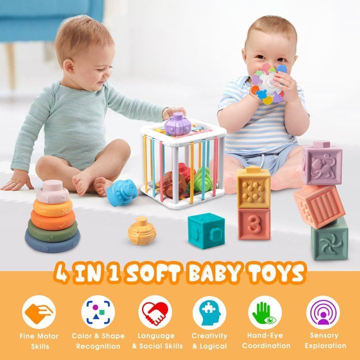 4-in-1 Baby Toys for 6-12 Months, Montessori Soft Stacking Blocks for Babies, Infants Teething