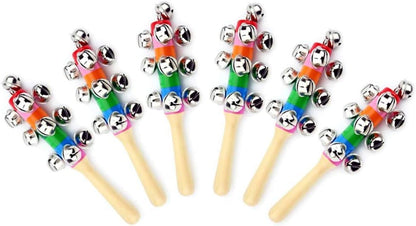 6Pcs Wooden Jingle Hand Bells,Rainbow Handle Wooden Bells Jingle Stick Shaker Rattle Baby Kids