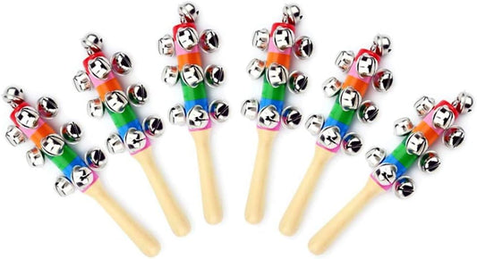6Pcs Wooden Jingle Hand Bells,Rainbow Handle Wooden Bells Jingle Stick Shaker Rattle Baby Kids
