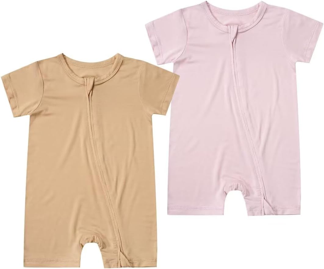 Teach Leanbh Unisex Baby 2 Pack Bamboo Viscose Pajamas Short Sleeve 2 Way Zipper Romper Jumpsuit