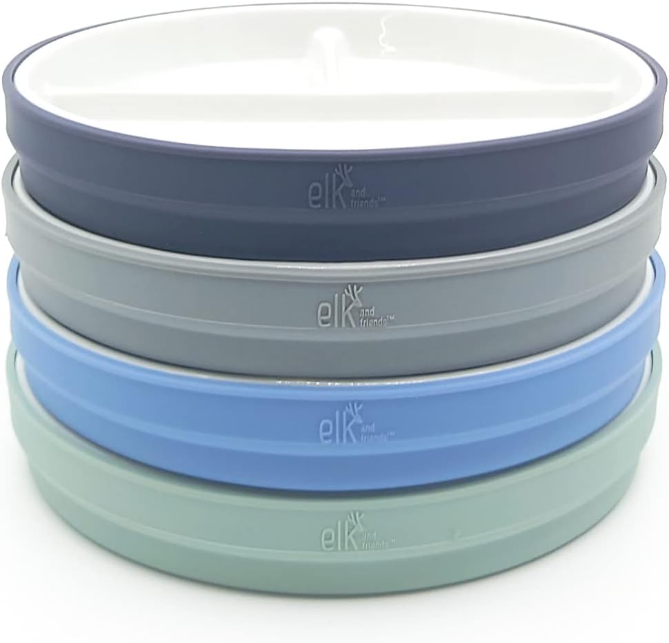Elk and Friends Kids 6.7” Porcelain Divided Plates with Silicone Sleeves | Suitable for