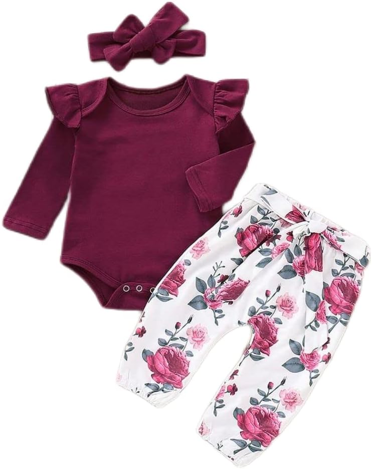 Newborn Baby Girl Clothes, Infant Girl Outfits Long Sleeve Ruffle Romper + Floral Pants + Headband