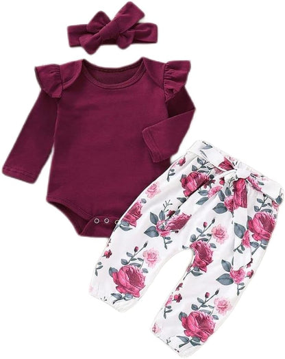 Newborn Baby Girl Clothes, Infant Girl Outfits Long Sleeve Ruffle Romper + Floral Pants + Headband