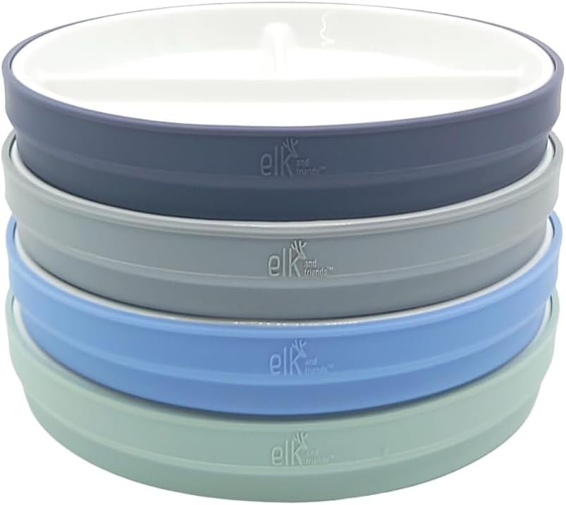 Elk and Friends Kids 7.8” Porcelain White Plates with Silicone Sleeves | Divided Plates | Suitable