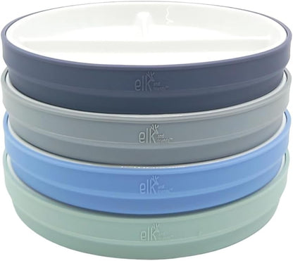 Elk and Friends Kids 7.8” Porcelain White Plates with Silicone Sleeves | Divided Plates | Suitable